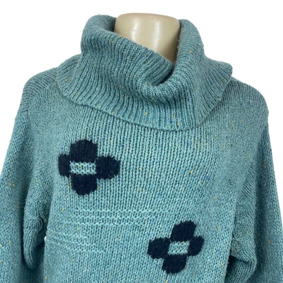 Chunky Knit Turquoise Sweater With Black Patterned Crosses & Cowl Neck Sz M/L - Picture 4 of 6